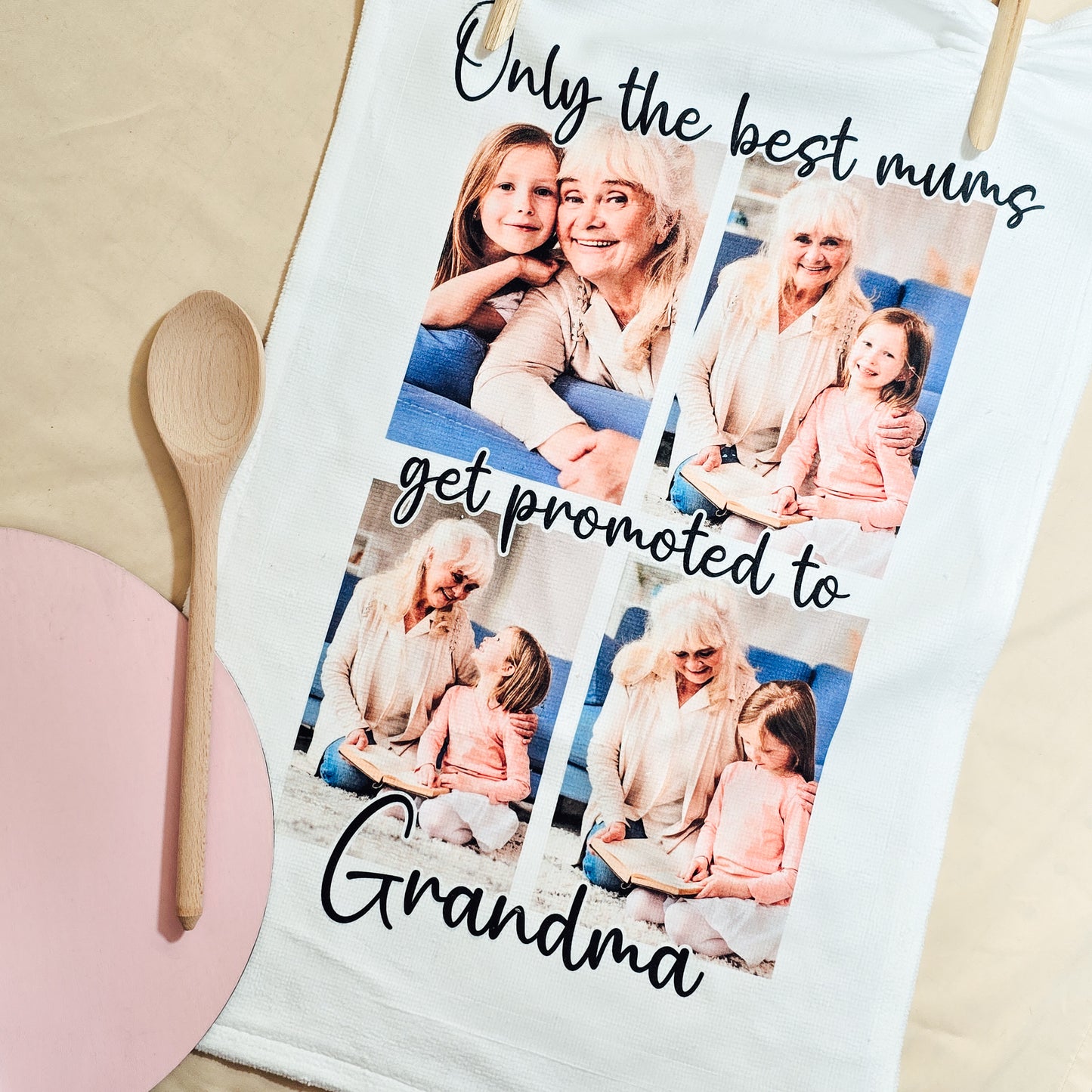 Personalised tea towel with "Only the Best Mums Get Promoted to Grandmas" text and photo collage of 4 pictures.

