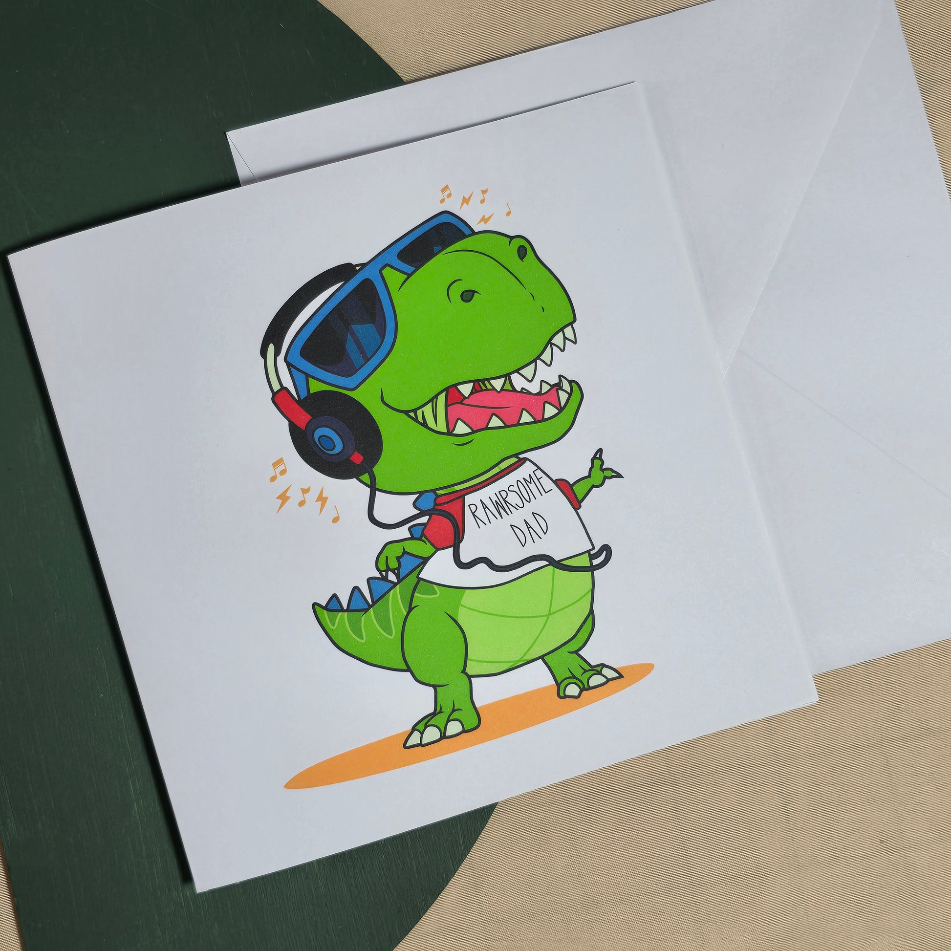 Card with cartoon dinosaurs and sunglasses on a plain background