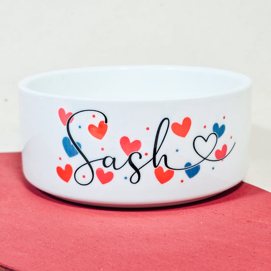 Personalised pet bowl with script font and love hearts, perfect for Valentine's Day.