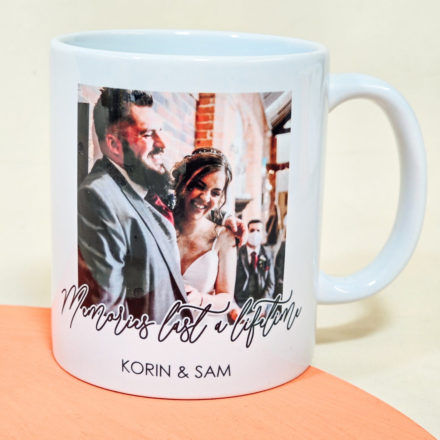 A customisable photo mug featuring a personalised photo, large text, and smaller text, ideal for an anniversary or Valentine's Day gift.

