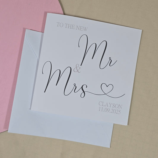 Square wedding card with the text “To the new Mr & Mrs [Surname]” and a personalised wedding date underneath.

