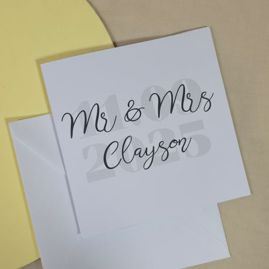 Greeting card with 'Mr & Mrs Clayson' text on a beige background