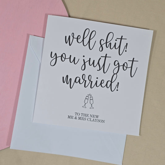 Greeting card with humorous text on a beige and pink background