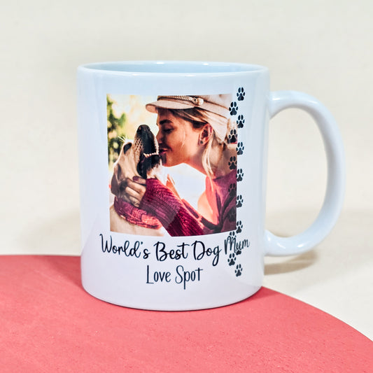 Personalised "World’s Best Dog Mum" mug with a custom pet photo and name, perfect gift for dog mums.







